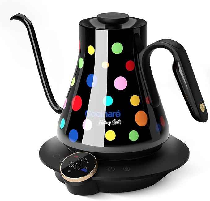Cocinare Artisan Collection Gooseneck Electric Kettle, ±0.5°F Temperature Control for Pour Over Coffee & Tea, 1500W Fast Heating, Stainless Steel Interior, 0.9L, Confetti Design