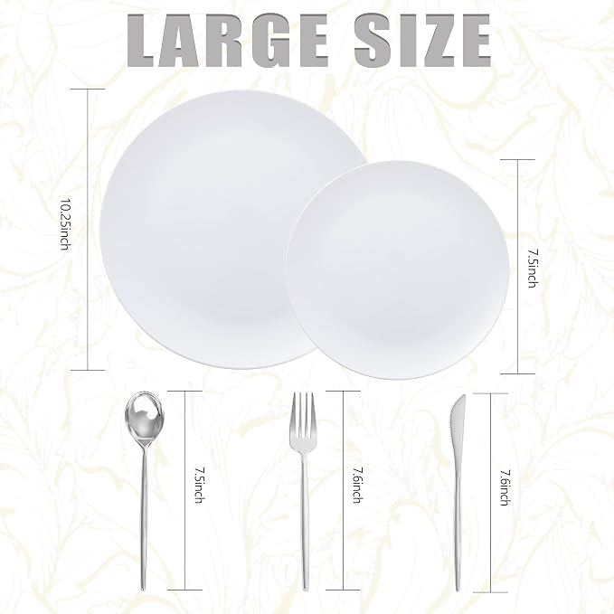 White Plastic Plates,Nice Disposable Plates with Silver Silverware | Premium Disposable Plates Include 30 Dinner Plates,30 Dessert Plates, 90 Plastic Silverware Set for Wedding, Events