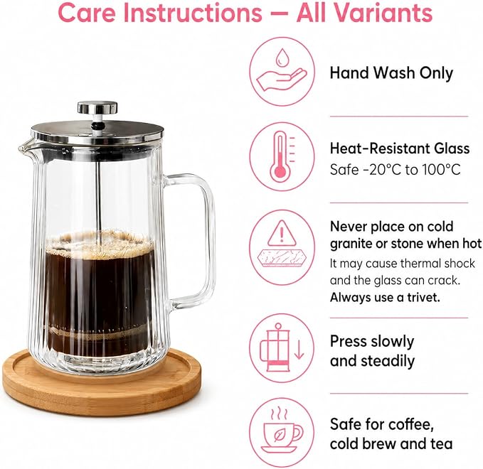Glass French Press Coffee Maker, Heat Resistant Borosilicate Glass (22oz Pink Floral)