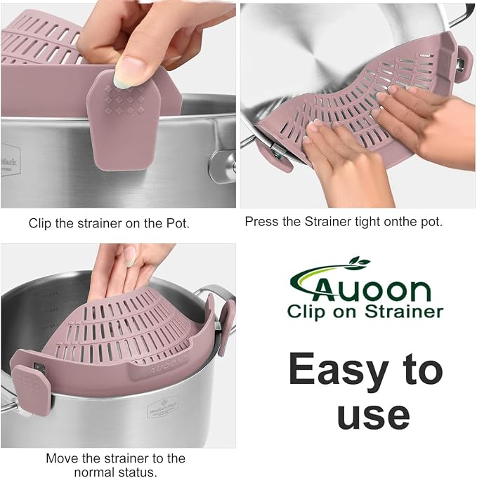 AUOON Pot Strainer Clip on Silicone, Large 10.45 x 4.33 in, Almond Rose | Fits Pots Pans Bowls, Dishwasher Safe, for Pasta Noodles Vegetable Fruits, Space-saving Kitchen Gadget