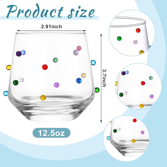 4 Pack 3D Colorful Dots Stemless Wine Glasses Confetti Double Old Fashioned Drinking Glasses 12.5 oz Vibrant Stemless Wine Cups for Whiskey Cocktail Water Juice Summer Party Supplies Gift