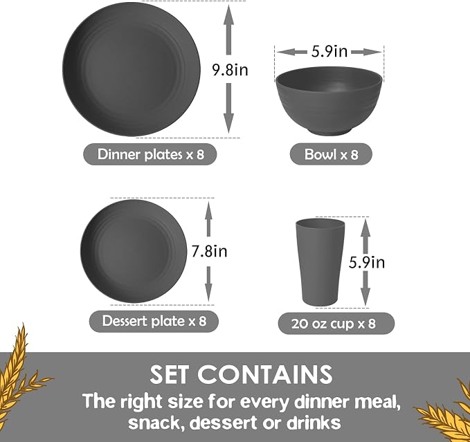Teivio 32-Piece Plates and Bowls Sets for 8, Gray Matte Dinnerware Sets | 13.5oz Cups, Plastic Wheat Straw Unbreakable Dish Set, Dishwasher Safe, for Outdoor Camping RV Apartment Essentials Plate Set