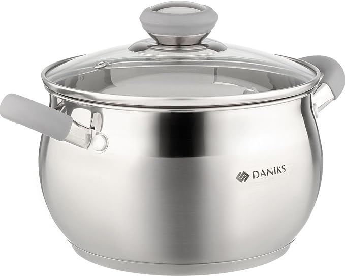 Daniks Modern 3 Quart Stainless Steel Stock Pot with Glass Lid, Tri-Ply Bottom for Even Heating, Induction Compatible, Dishwasher Safe, Heatproof Handles