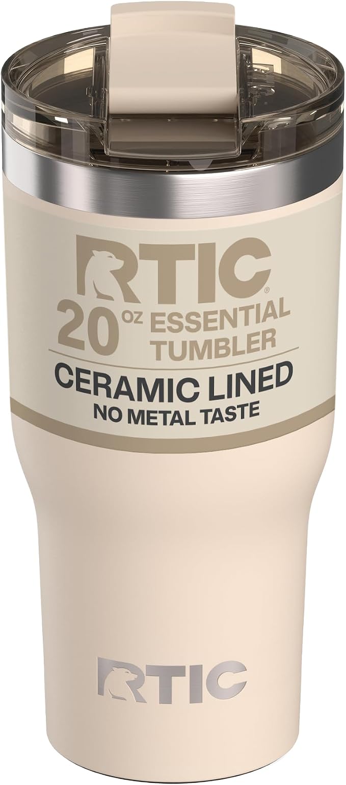 RTIC 20oz Essential Tumbler with Lid, Ceramic Lined, Beach | Insulated, Stainless Steel Metal, Portable Travel Cup for Hot and Cold Drinks, Coffee, Car, Camping and Travel