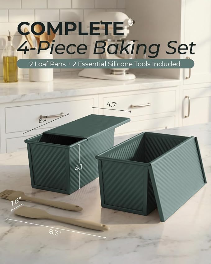 CARTMAN 2-Pack 1 LB Pullman Loaf Pan with Lid, Carbon Steel Set, Green | Includes spatula & brush, 1 lb dough capacity, nonstick carbon steel, bottom vents, ideal for square bread & toast slices