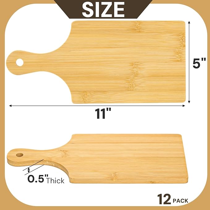 12 Pack Bamboo Cutting Board with Handle, 11" x 5" Individual Charcuterie Boards, Blank Laser Engraving Board, Bulk Food Platter, Mini Board for Kitchen, Home Decor, Housewarming Gift