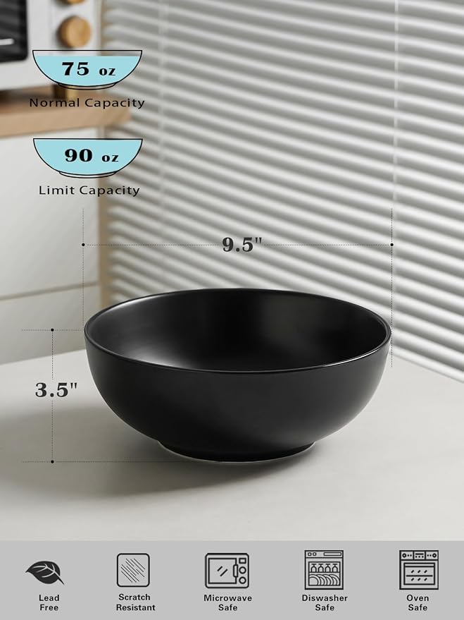 Kanwone Large Serving Bowls - 9.5 inch, 90oz Ceramic Salad Bowls, Fruit Bowls, Pasta, Soup Bowls, Set of 2, Serving Bowls for Entertaining, Microwave and Dishwasher Safe, Matte Black