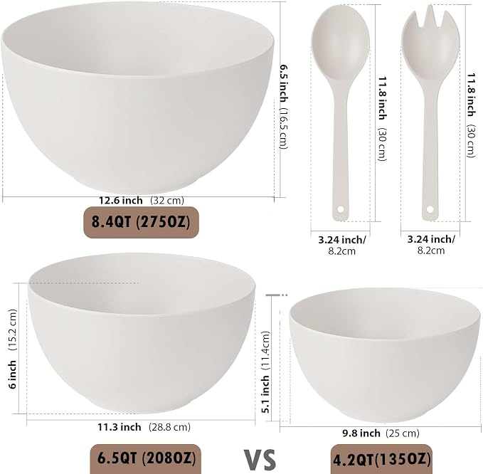 12.6" Extra Large Salad Serving Bowl Set with Wooden Lid&Utensils, 8.4Qt. Bamboo Fiber Salad Bowl with Servers for Kitchen, Lightweight Big Bowl White for Mixing Salad,Fruit,Pasta