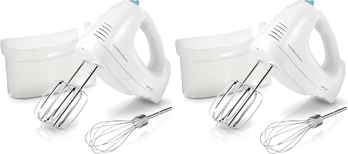 Hamilton Beach 6-Speed Electric Hand Mixer with Whisk,Traditional Beaters,Snap-On Storage Case,250 Watts,White,(Pack of 2)