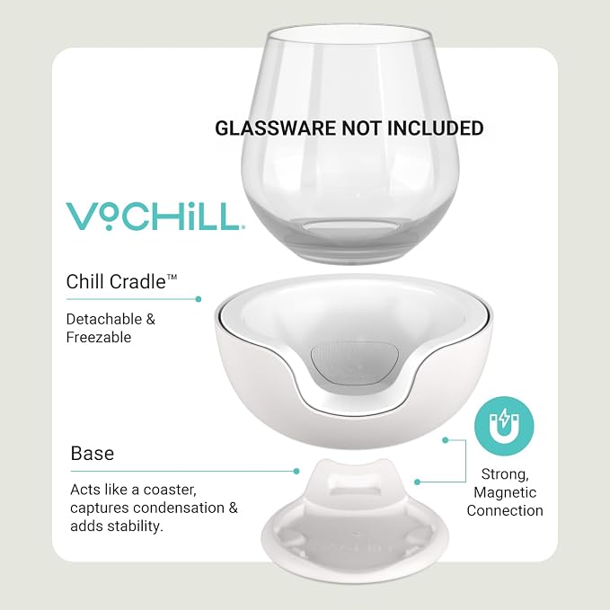 VoChill Stemless Wine Glass Chiller | Keep the Chill In Your Glass | Made in the USA | Separable & Refreezable Chill Cradle | Actively Chills Stemless Glassware | Quartz, Single Stemless