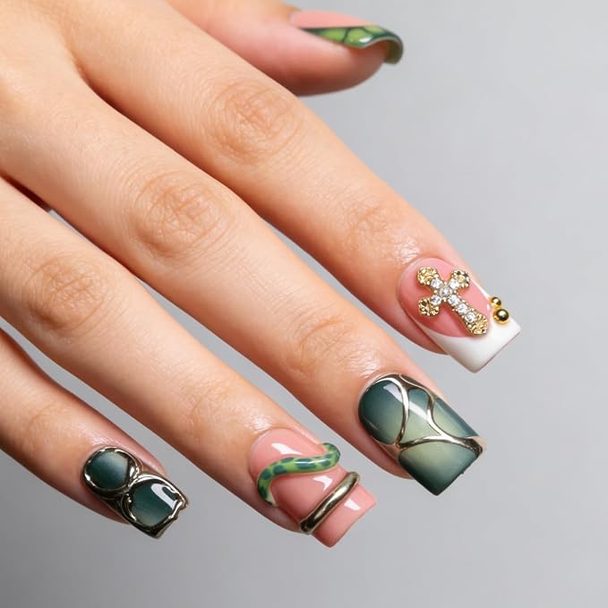 Handmade Square Press on Nails Green French Tip Short Stick on Nail 3D Silver Embossed Designs Luxury Rhinestone Pearl False Nails Muti-Layer Gel Acrylic Nails for Women Manicuare 10 Pcs（L)