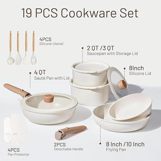 CAROTE 19pcs Pots and Pans Set Non Stick, Cookware Set Detachable Handle | Induction Compatible, Dishwasher & Oven Safe, Space Saving, Camping Cooking Set, Kitchen Set, White