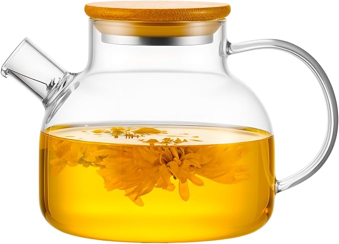 PARACITY Glass Teapot Stovetop 20 OZ/600ml, Borosilicate Clear Tea Kettle with Bamboo Lid, Glass Tea pot with Removable Filter Spout, Teapot Blooming and Loose Leaf Tea Maker Tea Brewer for Camping | 18/8 stainless steel tea infuser/strainer; borosilic...