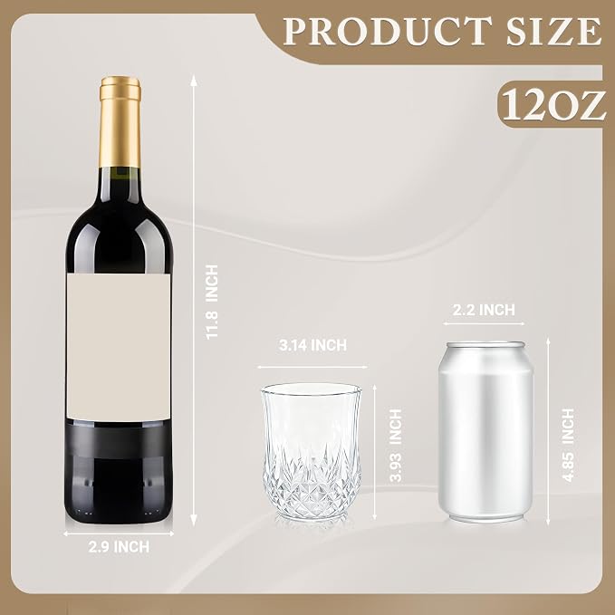 100 Pack Plastic Stemless Wine Glasses, 12oz Unbreakable Wine Cups | Reusable Fancy Vintage Drinking Glass Bulk for Cocktail, Whiskey, Juice, Elegant Decor for Wedding, Party & Holiday Events