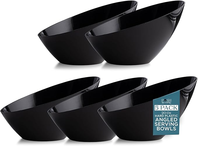 5 Pack Black Angled Plastic Serving Bowl Disposable for Party Table 20oz | Angled Bowl Design. Chip, Candy, Salad & Fruit Use. Disposable Party Tableware. Buffet & Wedding Serving. Black Plastic.