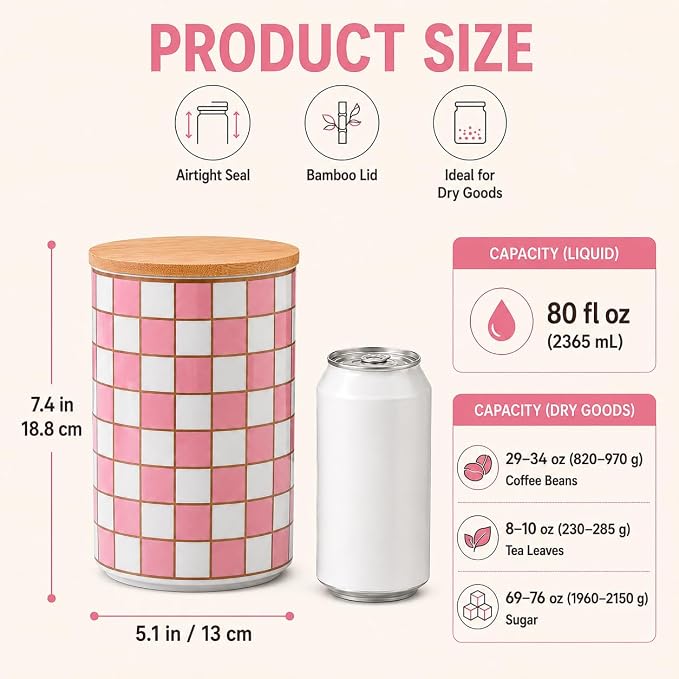 Kitchen Countertop Ceramic Checkered Canisters,Black And White Food Storage Containers With Lid,Airtight Kitchen Canisters for Flour, Sugar, Coffee, Tea, and Dry Goods (Pink, XL)