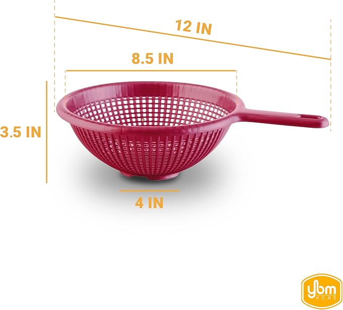 YBM Home 8.5 Inch Plastic Strainer Colander with Long Handle – Made of Food Safe BPA-Free Plastic - Use for Pasta, Noodles, Spaghetti, Vegetables and More 31-1129-red (1, Red)