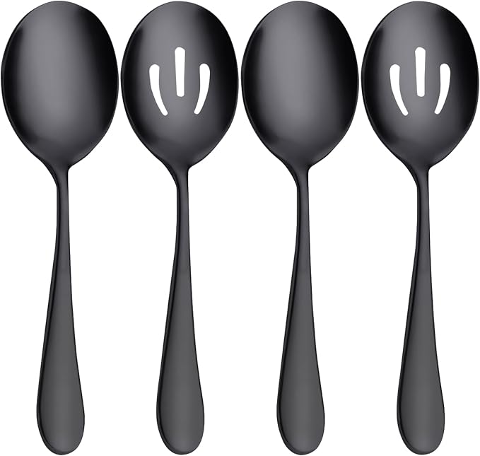 Serving Spoons Set, Black Stainless Steel, 8.7 Inch, Slotted and Solid Serving Utensils for Party Buffet Dinner Banquet Cooking Kitchen Basics, Mirror Finish Flatware, 4 Piece