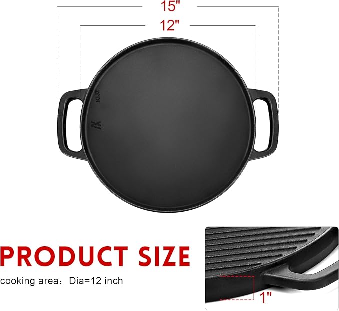 GGC Reversible Cast Iron Griddle for Stove Top, 12" Round Griddle Pan | Double Sided Griddle Plate Perfect for Gas Grills and Outdoor Cooking, Baking Flat and Ribbed Grill Griddle