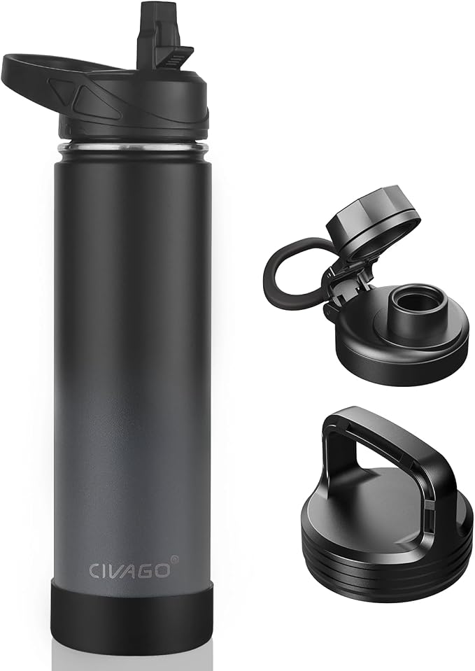 CIVAGO 24 oz Insulated Stainless Steel Water Bottle With Straw and 3 Lids | Large Metal Sports Water Jug, Leakproof Reusable Wide Mouth Thermal Flask Cup with Silicone Boot, BPA-Free, Gradient Gray