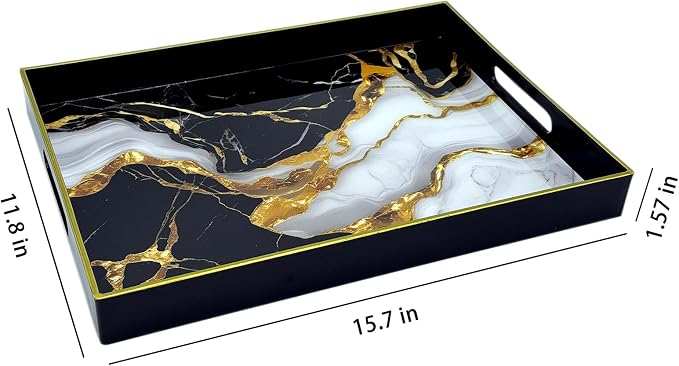 Serving Tray with Handles, 15.7 * 11.8 inches, Plastic Ottoman Tray with Exquisite Paintings, Trays for Coffee Table