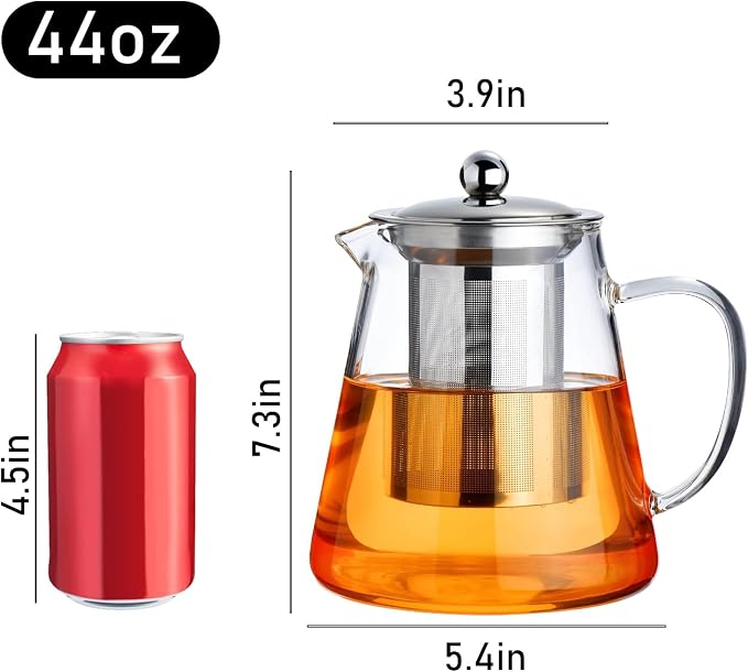 PARACITY Glass Teapot Stovetop 44 OZ, Borosilicate Clear Tea Kettle with Removable 18/8 Stainless Steel Infuser, Teapot Blooming and Loose Leaf Tea Maker Tea Brewer for Camping, Travel (1300ml) | A clear borosilicate tea maker/tea brewer uses an 18/8 s...