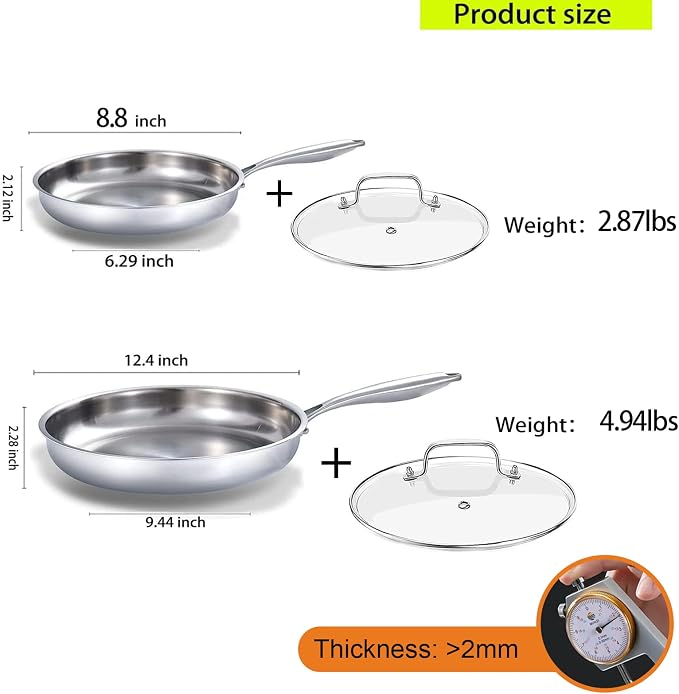 DELARLO Tri-Ply Stainless Steel Pan,18/10, 8",12" | Nontoxic Durable Oven Safe 800℉ All Cooktops Compatible Fast Even Heat PFOA Free Large Frying Pan Nontoxic Cookware