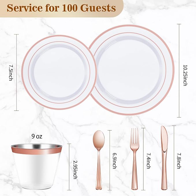 BESTVIP 600PCS Rose Gold Dinnerware Set for 100 Guests, Plastic Plates | for Party, 100 Rose Gold Disposable Plates, 100 Dessert Plates, 100 Cups, 100 Spoons, 100 Forks and 100 Knives