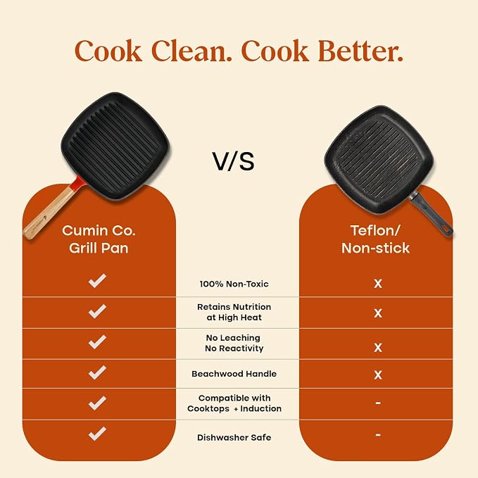 CUMIN CO. Enameled Cast Iron Grill Pan 10 Inch, 1.2 QT Grill Skillet – Non Toxic PFAS Free Cookware – Indoor Grill Pan for Steak, Chicken, Burgers & Vegetables – Induction & Oven Safe (Color: Rust)