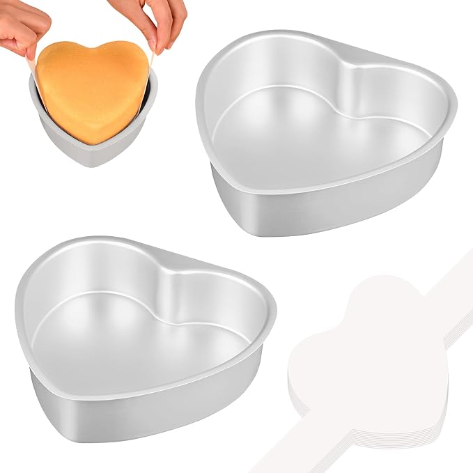 HUAKENER 6 Inch Heart Cake Pan, Non-stick Aluminum Heart Cake Pan | 2 Pack Heart Shaped Cake Pans with 60 Pieces Parchment Paper, Non-stick Cake Baking Pans for Kitchen Birthday Wedding