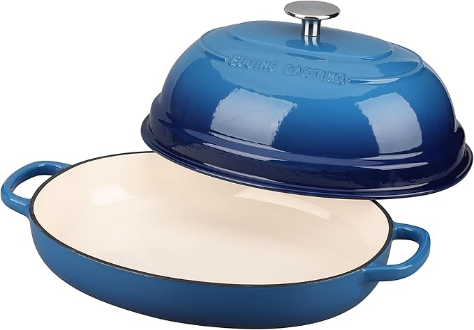 EDGING CASTING Enameled Oval Cast Iron Dutch Oven Pot with Lid, Bread Dutch Oven for Sourdough Bread Baking, Dutch Oven Bread, Bread Oven, 6QT, Lake Blue