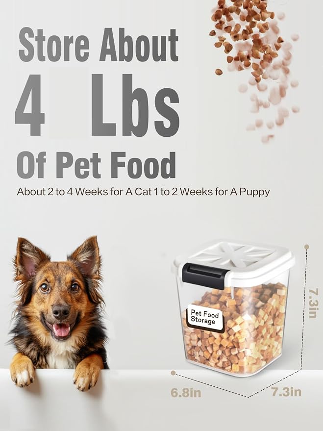 Pet Food Storage Container, 5 lbs Dog Cat Treat Storage Bin with Lid, Dry Food Storage for Dog Treats, Cat Food, Cereal, Rice, Birds (4 lbs) - White | Airtight snap-lock lid, clear BPA-free body, and measuring cup for dog treats, cat food, birdseed, ce...