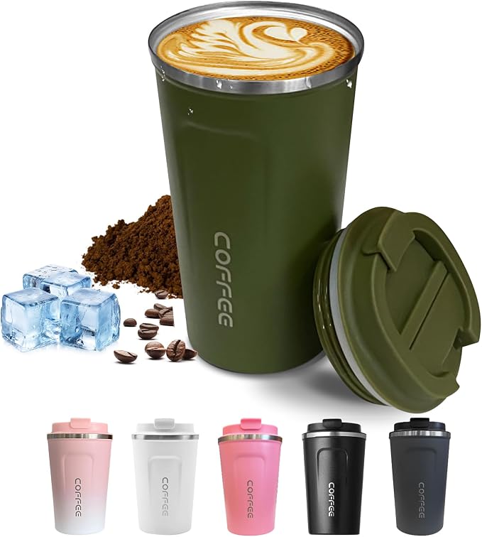 SPLMIFA Travel coffee mugs leak-proof, reusable coffee cups with lids, stainless steel vacuum insulated coffee tumblers, thermal insulation cups for men & women keep drinks hot & cold(2nd-Green, 12OZ)