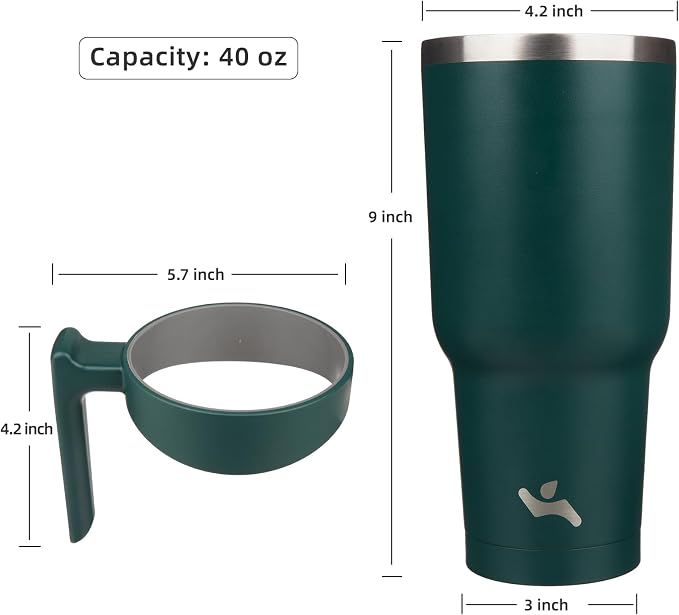 Konokyo 40 oz Tumbler with Handle and Straw, Insulated Travel Mug | Army Green; BPA-free, leak-proof tumbler with 2 lids, 2 straws, cup holder fit for coffee, office, travel & daily use