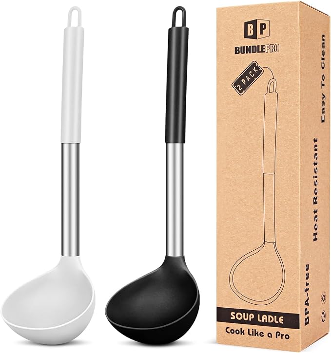 BUNDLEPRO Silicone Ladle Spoon Kitchen Utensils, 2 Pack, Black-White | Non Stick, High Heat Resistant, BPA Free, Ideal for Cooking, Stirring,Serving Soups