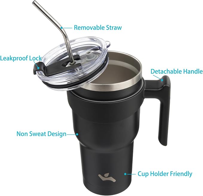 Konokyo 30 oz Tumbler with Handle and Straw, Insulated Travel Mug | Black; BPA-free, leak-proof tumbler with 2 lids, 2 straws, cup holder fit for coffee, office, travel & daily use