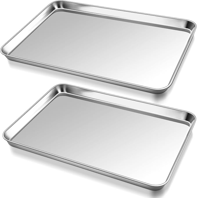P&P CHEF Baking Sheet Pan, Stainless Steel Cookie Sheet, 17.3 Inch & 2 Pcs | Oven Tray Sheet Pan for Baking & Serving, Baking Tray for Multi Uses, Heavy Duty & Non-toxic, Rust Free & Dishwasher Safe