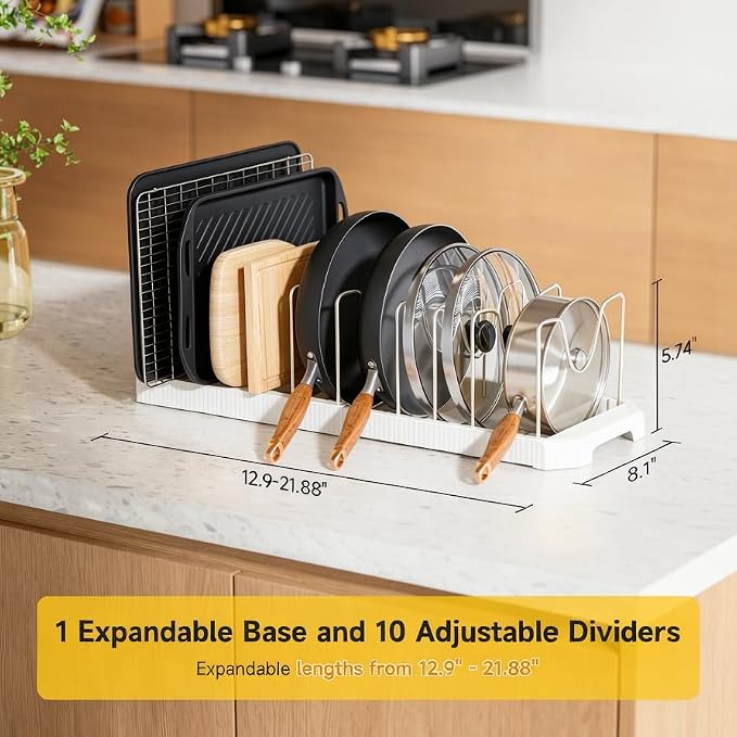 MUDEELA Pots and Pans Organizer under Cabinet, Pan Pot Organizer Inside Cabinet, Expandable 12.9''-21.88'' Pot Lid Organizer Holder with 10 Adjustable Dividers for Cutting Boards, Pan Lid Rack, White
