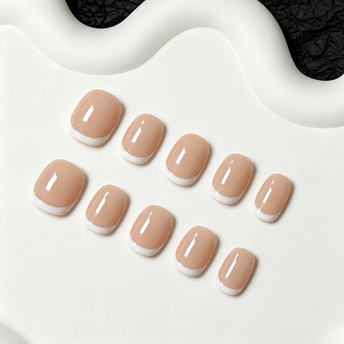 Handmade Press on Nails Short Almond Nude White French Tip Fake Nails Glossy Full Cover Muti-Layer Gel Acrylic Nail Natural & Elegant Style Thick False Nail Solid Color Stick on Nails for Women (S)