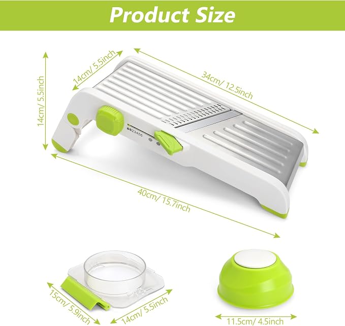 Mandoline Slicer for Kitchen, Adjustable Vegetable Potato Slicer | Stainless Steel Safe Mandolin Veggie Fruit Cutter with Food Holder, for Onion Cucumber Tomato Carrot, Green