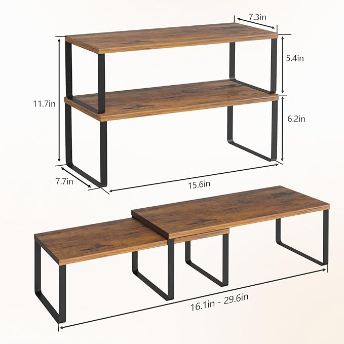 NEX Cabinet Organizer Shelf, Kitchen Counter Shelves Set of 4 | Stackable & Expandable Spice Rack, Space-Saving Pantry Organizers Bathroom Countertop Storage, Black and Rustic Brown