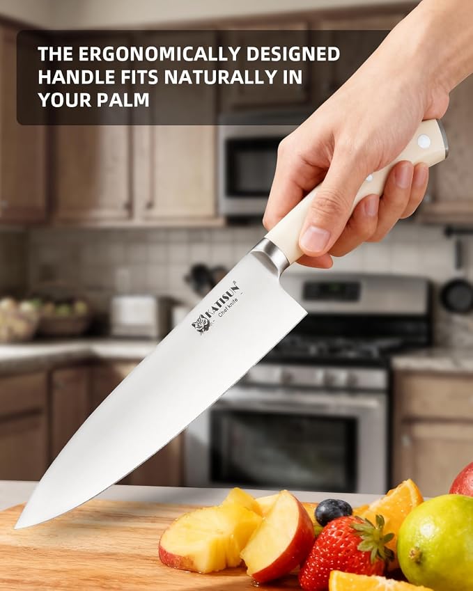 14-Piece Cream German Steel Kitchen Knife Block Set | Hammered Non-Stick Blades with 10° Precision Edge. Features Triple-Riveted Full Tang Handles, Shears & Natural Wood