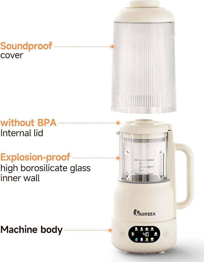IAGREEA 35oz Glass Nut Milk Maker Machine, 10 in 1 Noise Reducing Soy Maker | 12H Delay, 6H Keep Warm, BPA-Free, Self-Cleaning, Soundproof Cover, 8 Blades, Almond/Oat Milk/Juice, Suitable For 4-5 People
