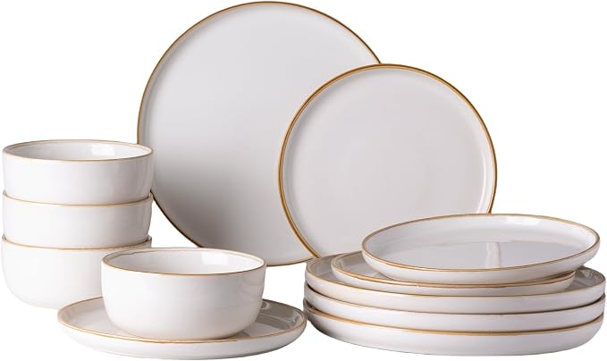 GBHOME Dinnerware Sets for 4, 12 Pieces Ceramic Plates and Bowls Set | Scratch Resistant Stoneware Dishes Set, Dishwasher & Microwave Safe, Reactive Glaze, Pearl White
