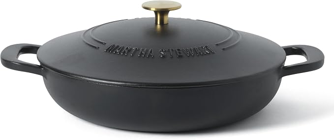 Martha Stewart Gatwick Enameled Cast Iron Braiser with Lid, 3.5-Quart Braiser Pan for Stovetop & Oven, Cast Iron Braising Pan with Gold Knob, Matte Black