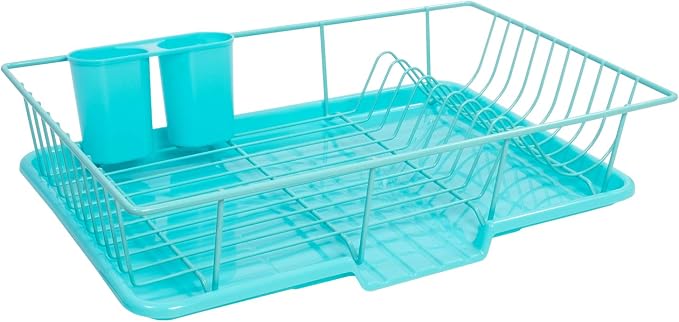 Sweet Home Collection Dish Rack Drainer 3 Piece Set with Drying Board and Utensil Holder, 5"D x 12"W x 17"H, Turquoise