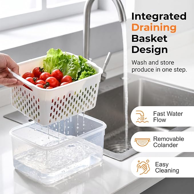 Fruit Storage Containers for Fridge, Leakproof Produce Containers with Colanders & Lids, Refrigerator Organizers and Storage for Berry Vegetable Salad Lettuce Meat Food, Gray, S