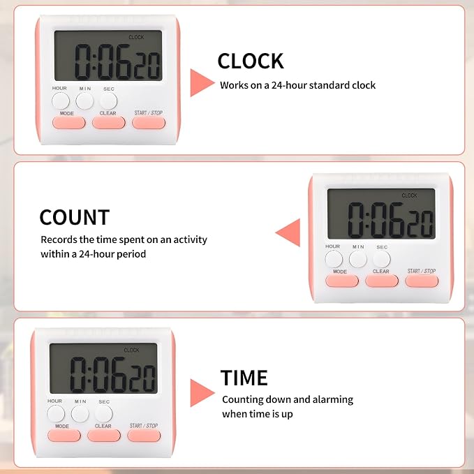 Mudder 3 Pack Digital Kitchen Timer for Cooking, Large Digits, 24 Hour Magnetic Backing Stand Kitchen Timers Clock for Classroom Kids Teachers, Loud Alarm and Large Screen (Pink)