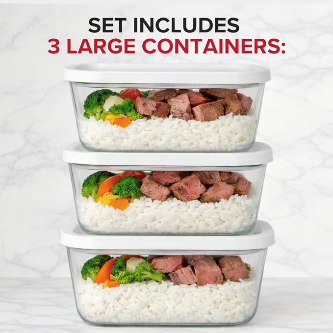 Chef Preserve Glass Vacuum Seal Containers for Meal Prep, Food Storage, Made For Compact Vacuum Sealer, 3pcs set [3x Large] Works With Handheld Vacuum Sealer Machine