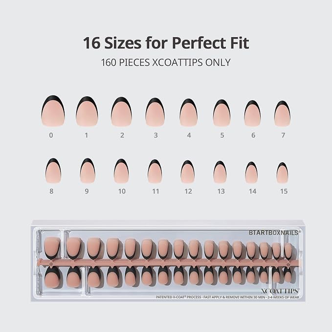 BTArtboxnails XCOATTIPS Black French Tip Press On Nails, XS Oval, Peach | Lamp-Curable, 4-Week Wear, Natural Nail Look, Salon Quality Value at Home, Easy-to-Apply for Beginners, 160ct Nail Tips Only